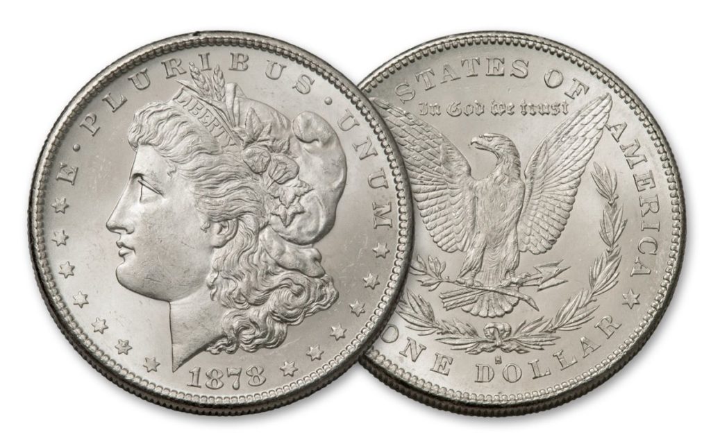 Morgan silver dollars on white background